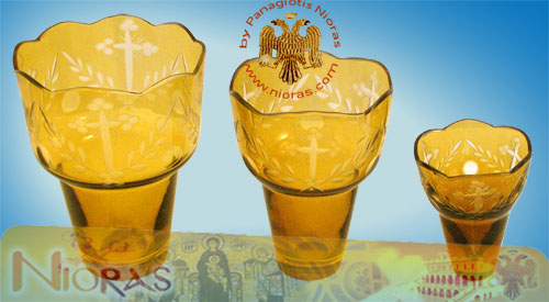 Romanian Orthodox Cross Carved Glass Cups Amber